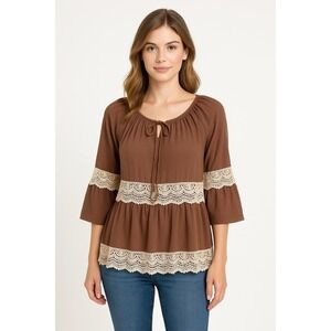 She + Sky Womens Blouse Brown Bell Sleeve Scoop Neck Crochet Medium Bohemian